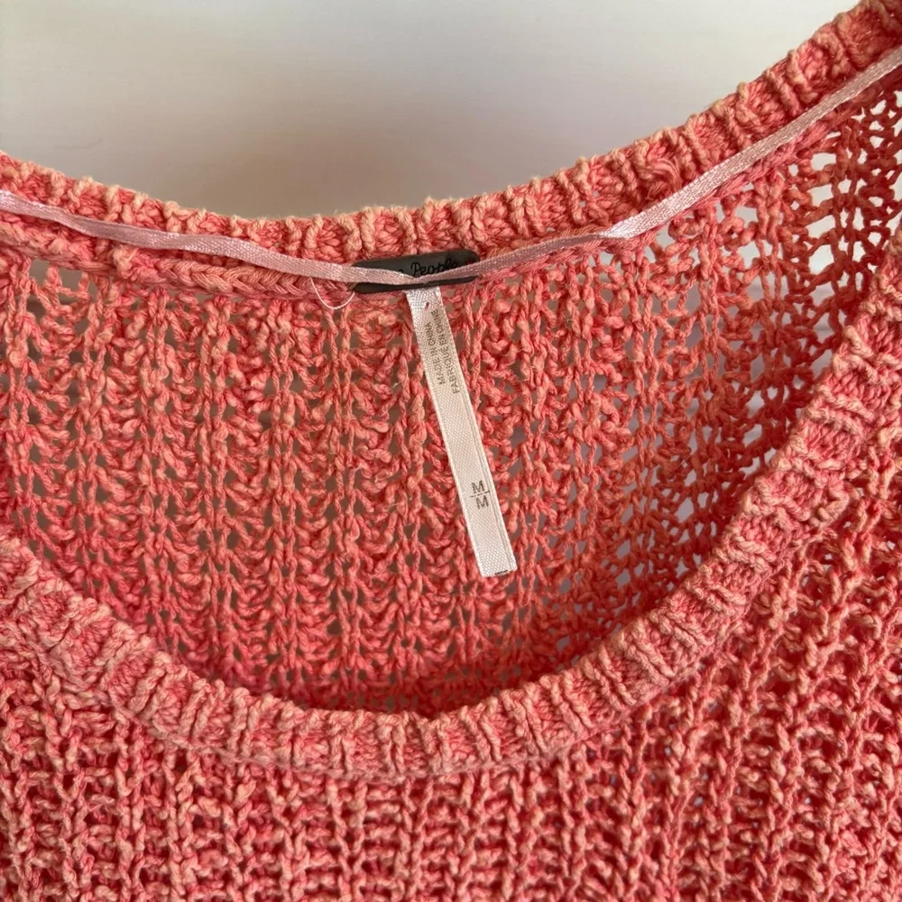 Free People Open Loose Knit Coral Pink Orange Sweater Medium Cotton Pocket - Picture 4 of 4